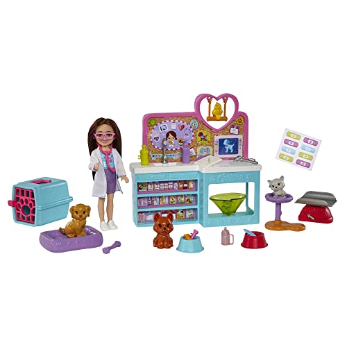 Barbie Chelsea Studio Veterinario, Bambola con Due Cuccioli e Tanti Accessori, Giocattolo per Bambini 3+ Anni,