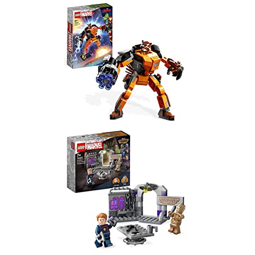 Lego 76243 Marvel Armatura Mech Rocket Raccoon, Set Action Figure del Supereroe Guardiani & 76253 Marvel Quartier Generale dei Guardiani della Galassia Volume 3 con Minifigure