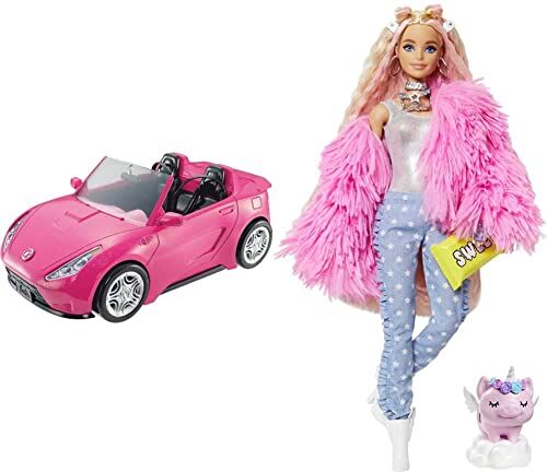 Barbie DVX59 Cabrio Glamour Auto Due Posti Con Dettagli Realistici, Rosa, 35,2 x 17,78 x 13,31 cm, Esclusivo Amazon & Extra n.3 Bambola Snodata con Pelliccia Rosa e Maialino-Unicorno 15 Accessori