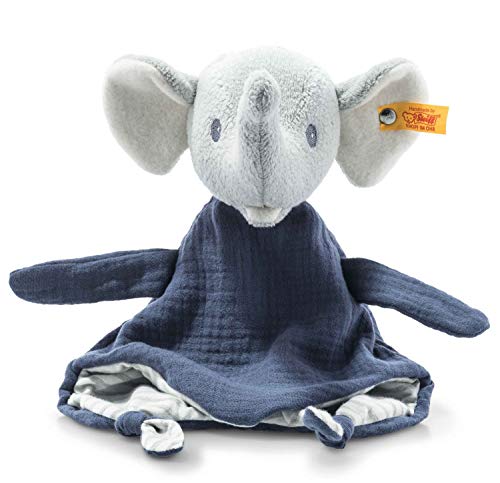 Steiff GOTS  Asciugamano con elefante Eliot, simpatico peluche con nome, ragazzi, ragazze e bambini a partire da 0 mesi, blu scuro, 30 cm, colore: Blu scuro
