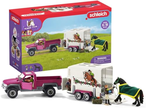 SCHLEICH 42346 Horse Club Pick-up con rimorchio per cavalli, set da gioco da 38 pezzi con figura di cavallo, 2 figure umane e accessori, giocattolo per bambini dai 5 anni in su