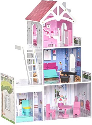 Homcom Casa delle Bambole i Lego a 3 Piai co Scale e Accessori, Struttura i MDF, per Bambii 3-6 Ai, 60x29x85cm, Rosa