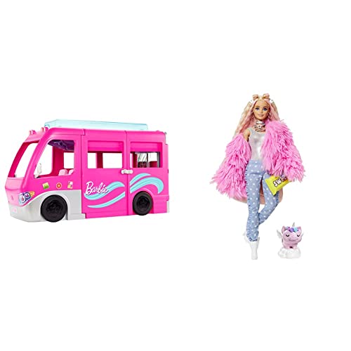 Barbie Camper dei Sogni Veicolo con Scivolo e Piscina 2 Cuccioli 7 Aree Gioco Alto 76 cm 60+ Accessori Regalo per Bambini 3+ Anni & Extra n.3 Bambola Snodata con Pelliccia Rosa e Maialino