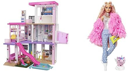 Barbie Casa dei Sogni Playset Casa di  3 piani Piscina Scivolo Ascensore Oltre 75 Accessori Alta 110 cm & Extra n.3 Bambola Snodata con Pelliccia Rosa e Maialino-Unicorno