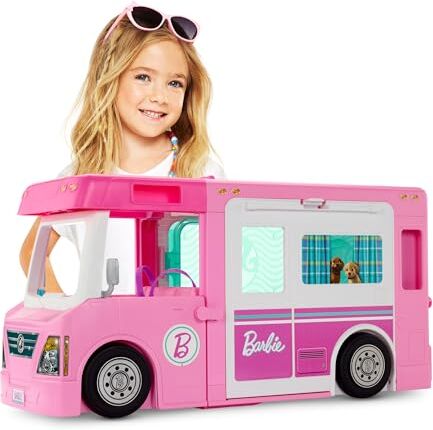 Barbie Camper dei Sogni Veicolo 3 in 1 Trasformabile con Piscina Pick-Up e Barca Dettagli realistici 50 Accessori Regalo Bambini 3-7 Anni,