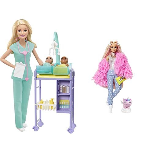 Barbie Carriere Playset Pediatra Bambola, 2 Neonati e Accessori, Giocattolo per Bambini 3+ Anni, GJM72 & Extra n.3 Bambola Snodata con Pelliccia Rosa e Maialino-Unicorno 15 Accessori