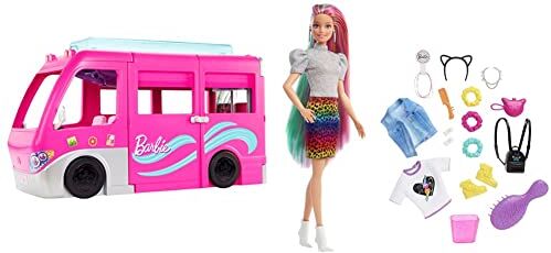 Barbie Camper dei Sogni Veicolo con Scivolo e Piscina 2 Cuccioli 7 Aree Gioco Alto 76 cm 60+ Accessori Bambini 3+ Anni & ​Bambola Capelli Multicolor con Funzione Cambia Colore, GRN81