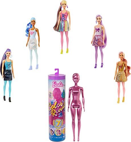 Barbie ​ Color Reveal Serie Metallic Bambola con 7 Sorprese, Assortimento Casuale, per Bambini da 3+Anni,