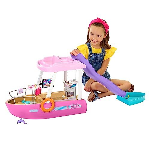 Barbie Barca dei Sogni, Playset con piscina, scivolo, un delfino e 20+ accessori, giocattolo per bambini, 3+ anni,