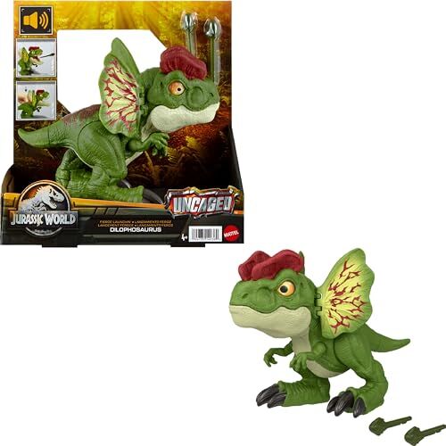 Mattel Jurassic World Uncaged Dilofosauro Azione Feroce, dinosauro alto 20+ cm con suono, funzione di lancio e 2 proiettili a forma di freccia inclusi, giocattolo per bambini, 4+ anni,