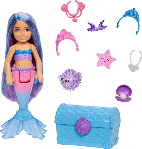 Barbie Sirene Chelsea bambola sirena con capelli blu e viola e 2 animaletti, forziere e accessori, Giocattolo per Bambini 3+ Anni,