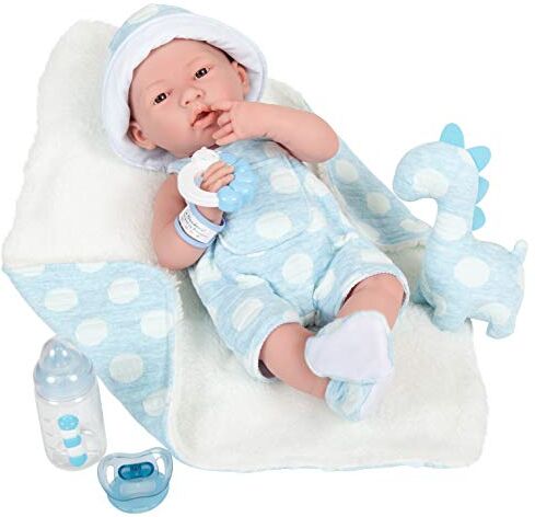 JC TOYS Bambola La Newborn appena nata da 38 cm, in vinile morbido, include abbigliamento, peluche dinosauro e 4 accessori, per bambino, blu, disegnata in Spagna da Berenguer, 2 anni