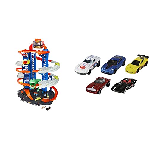 Hot Wheels City Robo T-Rex Ultimate Garage Modalità Multigiocatore a più Livelli per Riporre auto in Scala 100 plus 1 64, GJL14 & Pack con 5 Macchinine, Veicoli Giocattolo 01806