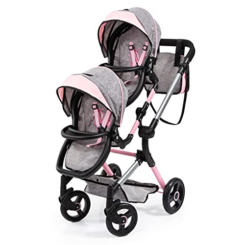 Bayer Design  Twin Neo, carrozzina gemellare, carrozzina per bambole doppia, regolabile in altezza, pieghevole con borsa a tracolla, grigio, rosa, fata