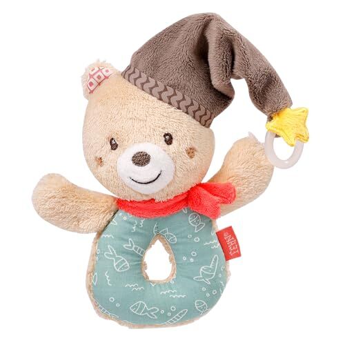 Fehn Anello di presa in peluche con orso, giocattolo per bambini con sonaglio e attacco per ciuccio, per bambini da 0+ mesi, dimensioni 13 cm