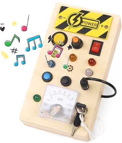 Withosent Busy Board Giochi Montessori 1 Anno per Bambini Giochi Legno con 8 Interruttori (6 luci LED+ Musicale + 100mA Amperemeter) Giochi Sensoriali Giocattolo Motricità Fine per Bambini di 2 3 4 Anni