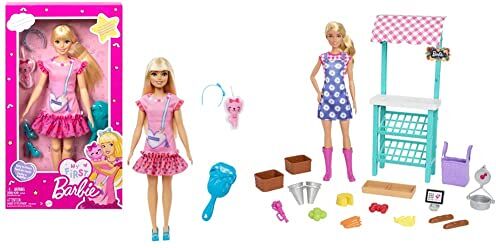 Barbie La Mia Prima, Giocattolo per Bambini 3+ Anni, Bambola alta 34 cm con Busto Morbido e Arti Snodati & Playset Mercato Frutta e Verdura con bambola bionda, stand del mercato