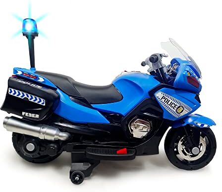 FEBER Moto della Polizia Azzurra con Batteria 12V, Luci e Suoni, Raccomandato per Bambini a Partire da 3 Anni,