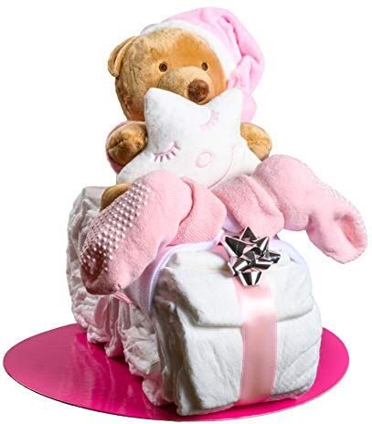 Homery Torta di pannolini con peluche, perfetta come regalo per bimbi e bimbe dopo la nascita o durante la festa di benvenuto, realizzata a mano