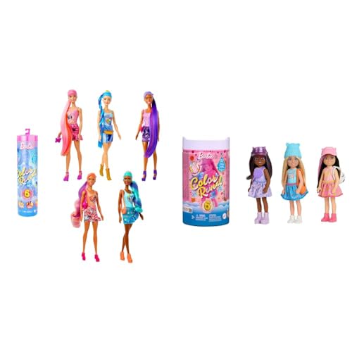 Barbie Color Reveal Serie Jeans, Bambola con 6 sorprese da scoprire & Chelsea Color Reveal serie Sport, mini bambola con 6 sorprese cambia colore da scoprire