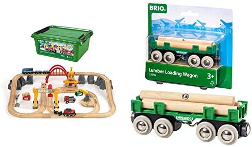 Brio World Set Deluxe Ferrovia e Trasporto Merci,  World Ferrovie, Giochi per Bambini & World – Vagone Portatronchi, Trenino in Legno, Vagone Trasporta Tronchi per Treno in Legno