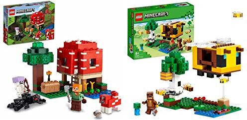 Lego 21179 Minecraft La Casa dei Funghi, Giocattoli per Bambini di 8+ Anni & 21241 Minecraft Il Cottage dell’Ape, Modellino da Costruire della Fattoria con Bimbo Zombie