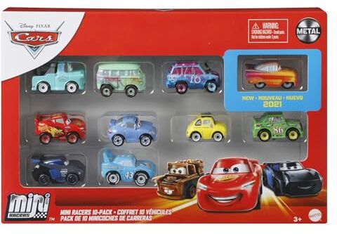 Mattel Disney Pixar Cars Mini Racers Derby Racers, confezione da 10 mini veicoli in metallo da collezione, ispirati ai celebri personaggi, giocattolo per bambini, 3+ anni, GKG08