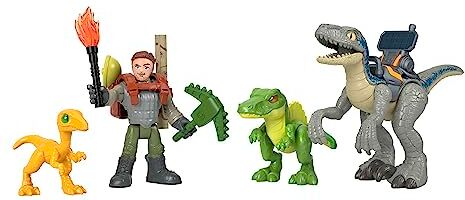 Fisher Price Imaginext Jurassic World Set Inseguimenti Giurassici con Owen Grady e Blue, include 1 personaggio snodato, 3 dinosauri e 8 accessori di tracciamento, giocattolo per bambini, 3+ anni,