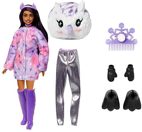 Barbie Cutie Reveal Magia d'Inverno Bambola con costume da gufo di peluche e 10 sorprese, un mini animaletto cambia colore, vestiti e accessori, Giocattolo e regalo per Bambini 3+ Anni,