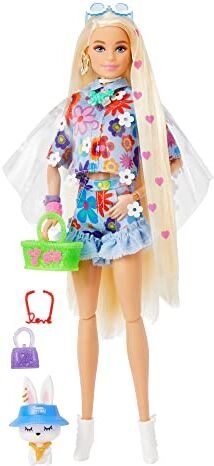 Barbie -Extra Bambola n.12 Snodata con Lunghissimi Capelli Biondi con Cuoricini con Completo Floreale, Coniglietto e Accessori, Giocattolo per Bambini 3+ Anni,