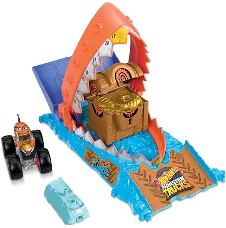 HOT WHEELS Monster Trucks Sfida del Morso per Il Tesoro, playset Arena degli Scontri con MT Tiger Shark in Scala 1:64 e 1 macchinina Schiacciata, Giocattolo per Bambini, 4+ Anni,