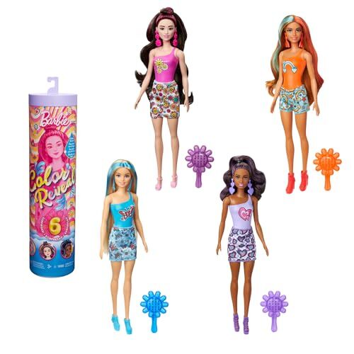 Barbie Color Reveal Bambole Trendy con Corpetto Cambia Colore e 6 Accessori a Sorpresa da Scoprire, Serie Arcobaleno Multicolor Ispirata agli Anni '60, Giocattolo per Bambini, 3+ Anni,