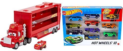 Disney Pixar Cars Mack Mini Racers Hauler & Hot Wheels-54886 Set Macchinine da 10 Veicoli in Scala 1:64, con Decorazioni Mozzafiato, da Collezionare, Single, 54886