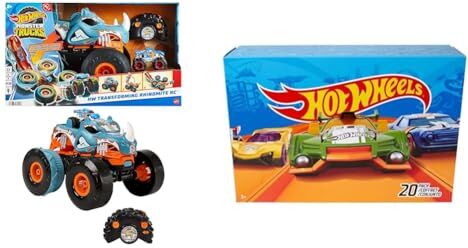 Hot Wheels Monster Trucks Rhinomite Trasformabile Radiocomandato in scala 1:12 & Confezione da 20 Macchinine, Veicoli in Scala 1:64 Assortiti