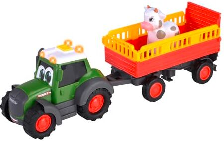 Dickie Toys ABC Trattore Fendti Fendti da 1 anno (30 cm) Fendt Trecker con trasportatore di animali colorato e mucca, veicolo giocattolo con luce e suono per promuovere le capacità motorie per