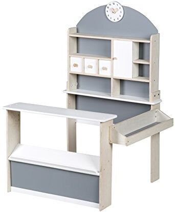 roba Negozio Giocattolo per Bambini in Legno con Mensole e 3 Cassetti Accessori Inclusi Stand di Vendita a 2 Piani di Lavoro e Orologio Legno Laccato Bianco/Grigio