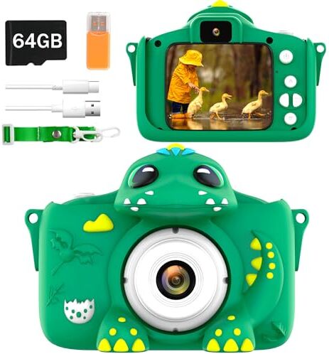 Adicop Macchina Fotografica Bambini Macchina Fotografica Digitale Bambini Fotocamera Bambini Giocattoli Mini Camera SD 64 GB Giochi Bambino Regalo Natale&Compleanno da3-10 Anni(Dinosauri)