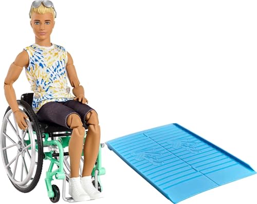 Barbie , Ken Fashionista Doll #167 with Wheelchair & Ramp Wearing Tie-Dye Shirt, Black Shorts, White Sneakers & Sunglasses, Toy for Kids 3 to 8 Years Old,