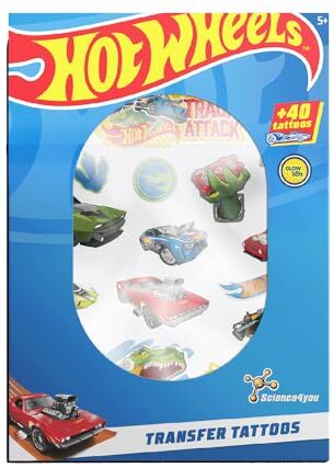 Science4You Tatuaggi Temporanei 40 Auto Hot Wheels, Kit di Tatuaggi Trasferibili per Bambini, il Regalo per Bambini e Bambine di età Compresa tra 5, 6, 7, 8 e 9 anni