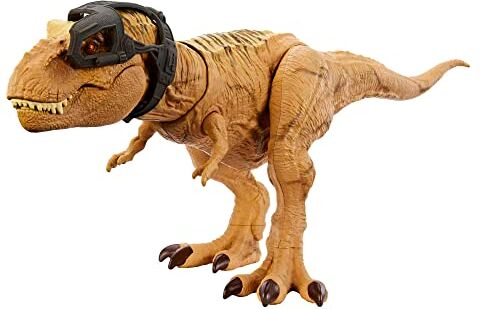 Mattel Jurassic World T-Rex Caccia e Divora, dinosauro action figure con azione d'attacco doppio morso, suoni e attrezzatura di tracciamento, giocattolo per bambini, 4+ anni,