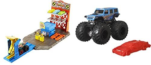 Hot Wheels Monster Trucks Playset Distruzione Suprema e 3 Macchinine con Lanciatore & Monster Truck Veicolo a Sorpresa in Scala 1:64 con Ruote Giganti, da Collezione, Giocattolo per Bambini 3+Anni