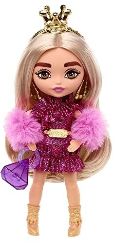 Barbie Extra Minis Bambola con Abito Luccicante E Scialle di Pelo, Piedistallo E Accessori, Giocattolo per Bambini da 3 Anni, , Rosa, Viola, 14 Cm