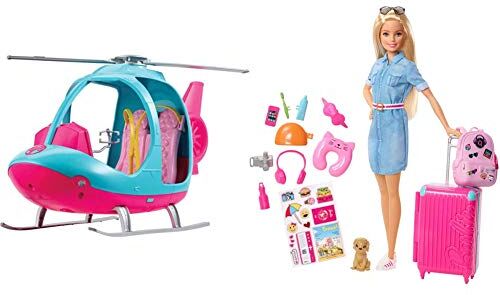 Barbie In Viaggio, Bambola Bionda Con Cucciolo, Valigia Che Si Apre, Adesivi E Accessori & Fwy29 L'Elicottero Per Bambole, Rosa E Azzurro Con Elica Che Gira, Giocattolo Per Bambini 3 Anni