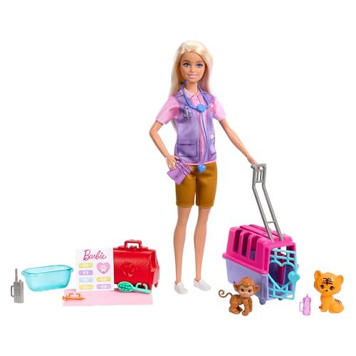 Barbie Carriere Salvataggio e Recupero Animali, playset con Bambola bionda, scimmietta e Cucciolo di Tigre, trasportino e Accessori Inclusi, Giocattolo per Bambini, 3+ Anni,