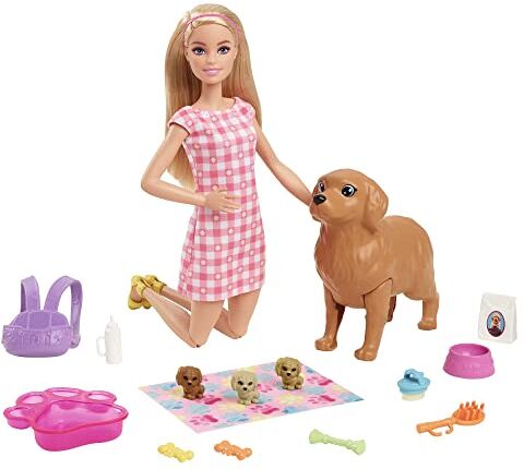 Barbie -Playset Cuccioli Appena Nati con Bambola  Bionda, Cane che Partorisce, 3 Cuccioli e Funzione Cambia Colore e Accessori per Accudirli, Giocattolo per Bambini 3+ Anni,