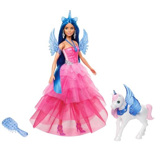 Barbie Unicorno, Bambola celebrativa del 65° Anniversario con Abito Rosa e Capelli Blu, Cucciolo di liocorno, Ali di Zaffiro e Accessori Inclusi, Giocattolo per Bambini, 3+ Anni,