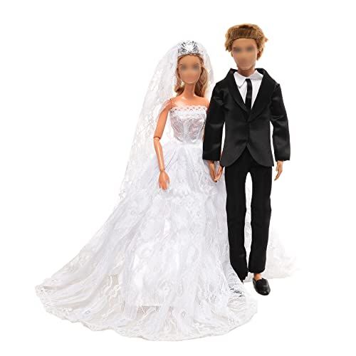 Miunana 2 PCS Tute + 2 PCS Scarpe per Matrimonio: Abito Nero per Ken Bambola Ragazzo Sposo + Abito da Sposa per Barbie Bambola Ragazza Sposa + Scarpe