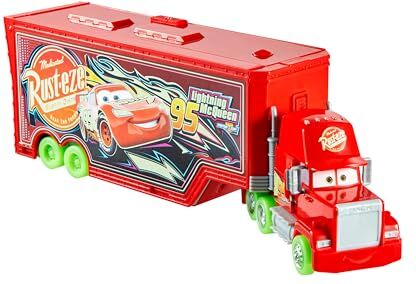 Mattel Disney Pixar Cars Mack Trasportatore Auto Luminose, playset con Truck Fluorescente 2 in 1 e Officina, Lanciatore, Ponte Sollevatore e Tanti Accessori Inclusi, Giocattolo per Bambini, 3+ Anni,