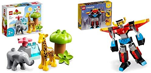 Lego 10971 DUPLO Animali dell’Africa, Giochi Educativi per Bambini dai 2 Anni & 31124 Creator 3in1 Super Robot, Set di Costruzioni in Mattoncini, Aereo e Drago Giocattolo per Bambini dai 6 Anni in su