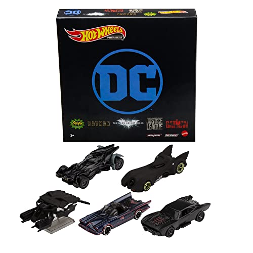 Hot Wheels Batman Collezione, 5 Batmobili Classiche in Scala 1:64, Confezione Speciale per Giocare o da Mettere in Mostra, Giocattolo per Bambini e Collezionisti 3+ Anni,